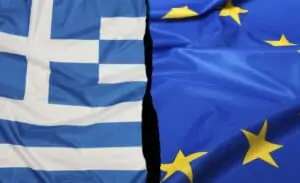 Image of torn European Union flag and Greek flag