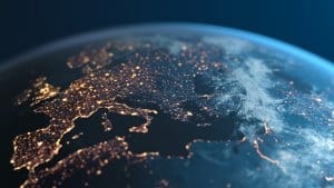 Europe and surrounding areas seen from space. Perfectly usable for topics like global business or European economy and culture. High quality 3D rendered image made from ultra high res 20k textures by NASA
